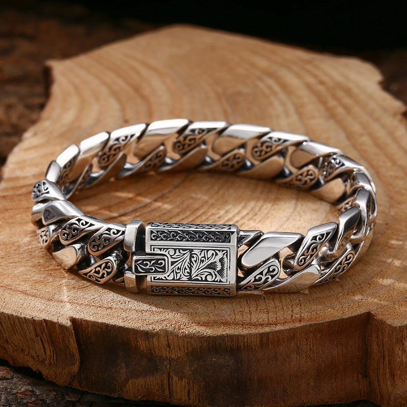 Silver Bracelet Pattern Cuban Link Thick Men's Thai Silver Vintage Oxidized Jewelry