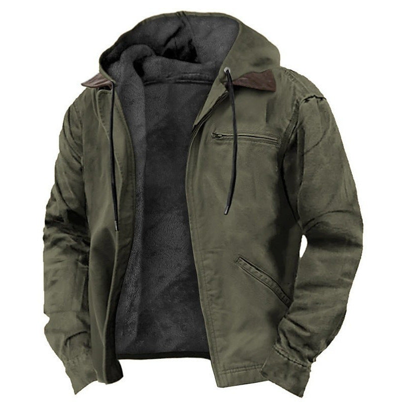 Casual Solid Color Hooded Cotton Jacket with Fleece Lining and Zipper Pockets for Men