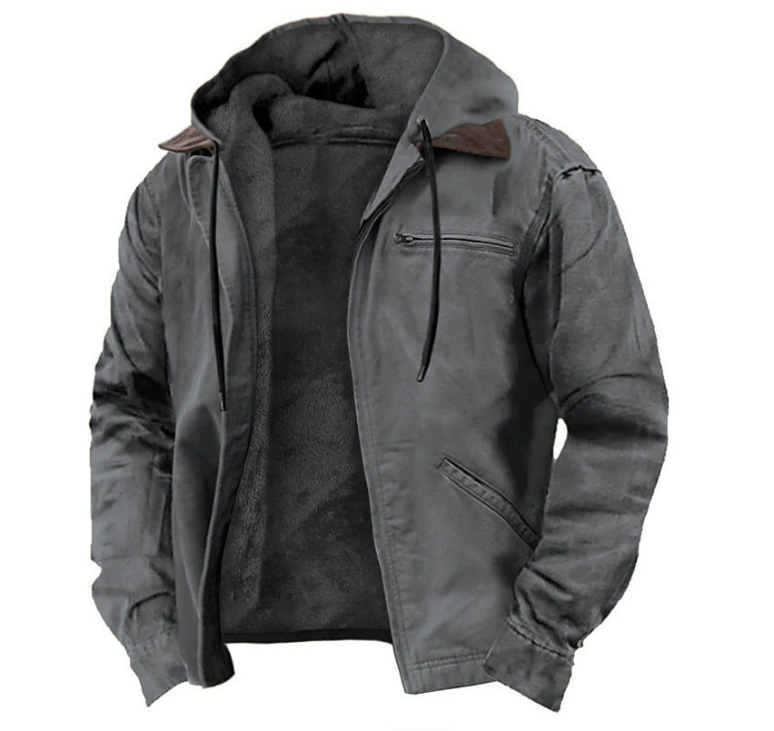 Casual Solid Color Hooded Cotton Jacket with Fleece Lining and Zipper Pockets for Men