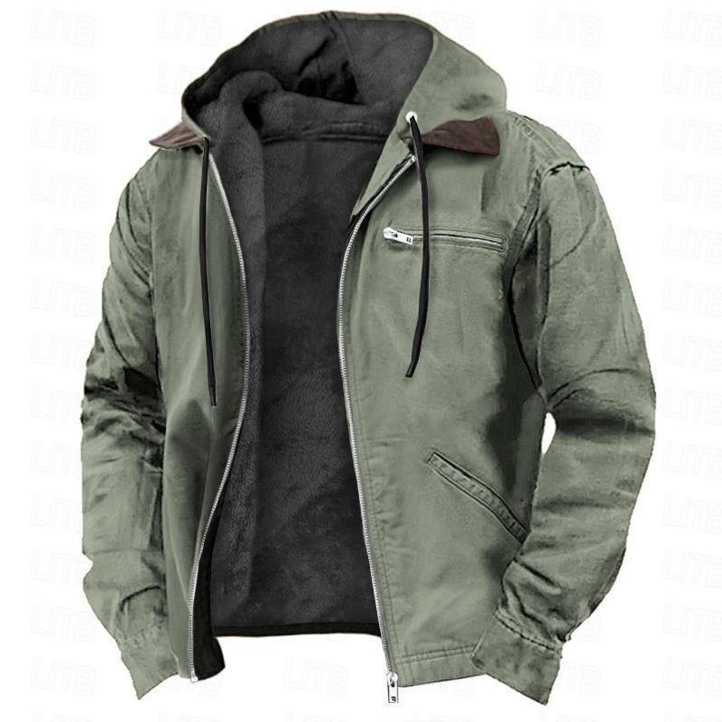 Casual Solid Color Hooded Cotton Jacket with Fleece Lining and Zipper Pockets for Men