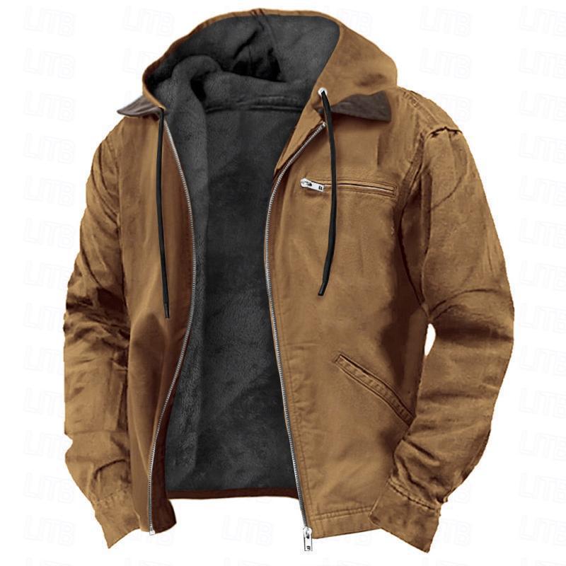 Casual Solid Color Hooded Cotton Jacket with Fleece Lining and Zipper Pockets for Men