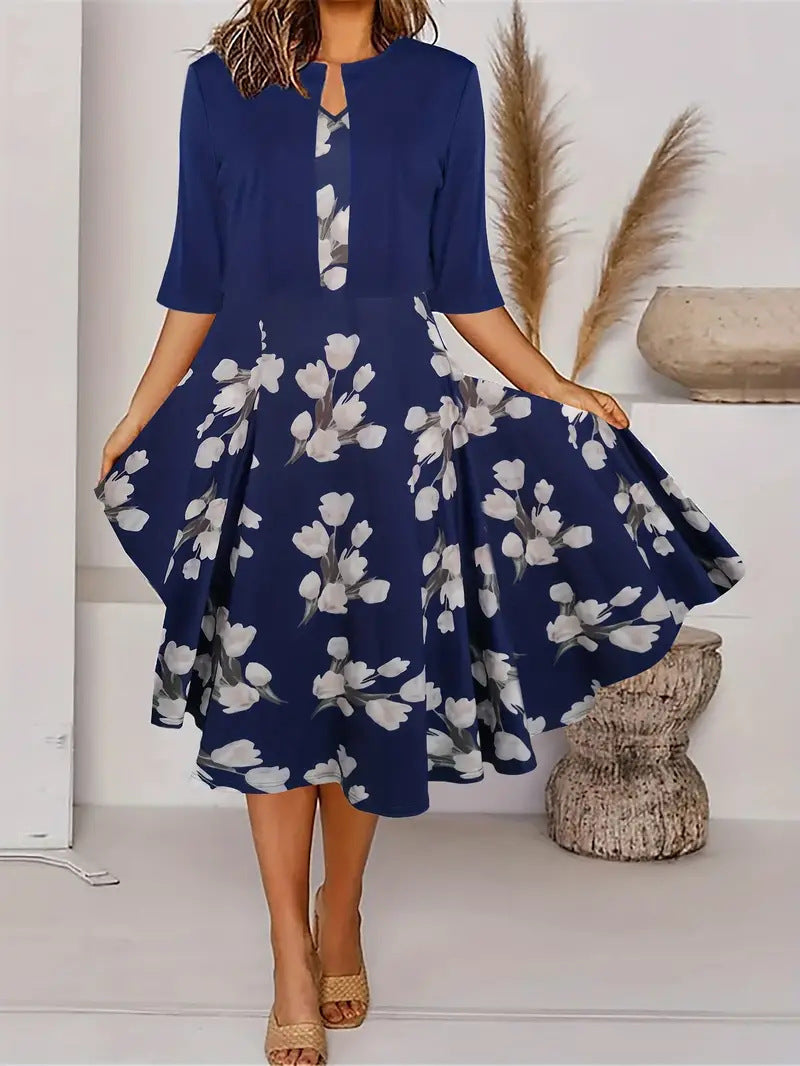 Two-piece long dress with floral and grass print, round neckline