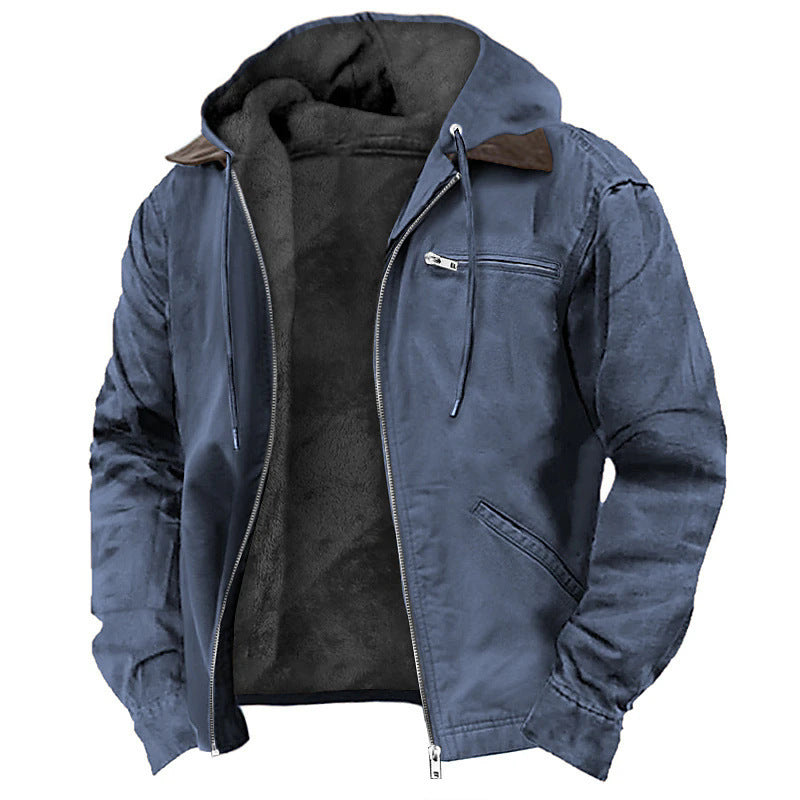 Casual Solid Color Hooded Cotton Jacket with Fleece Lining and Zipper Pockets for Men