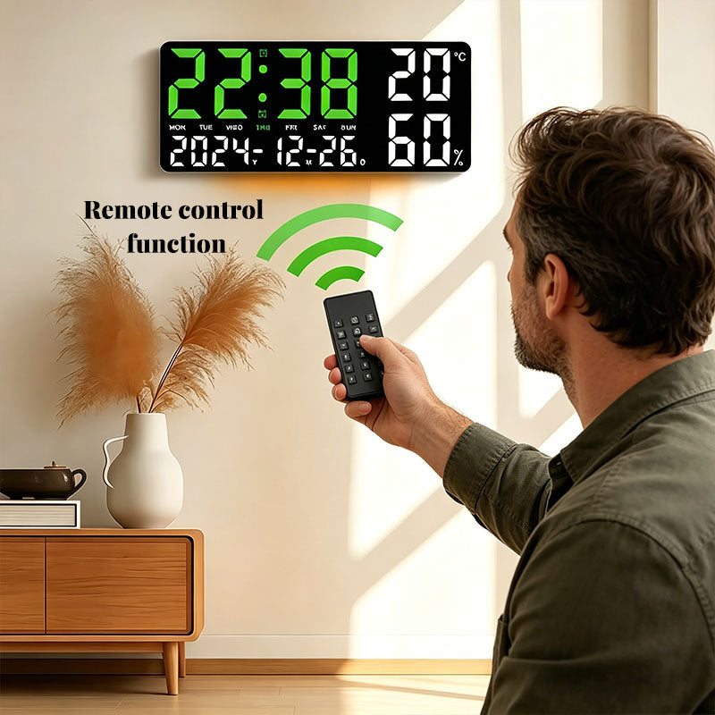 Digital Wall Clock with Temperature & Humidity Display, Multifunctional LED Alarm Clock with Remote Control, Ambient Light.