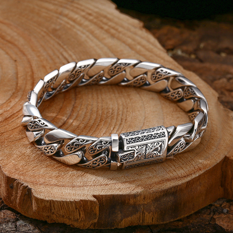 Silver Bracelet Pattern Cuban Link Thick Men's Thai Silver Vintage Oxidized Jewelry