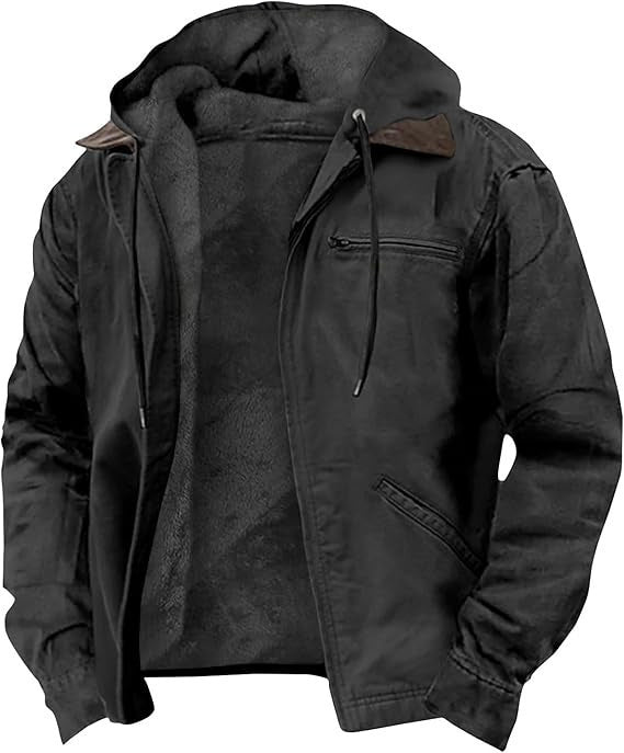Casual Solid Color Hooded Cotton Jacket with Fleece Lining and Zipper Pockets for Men