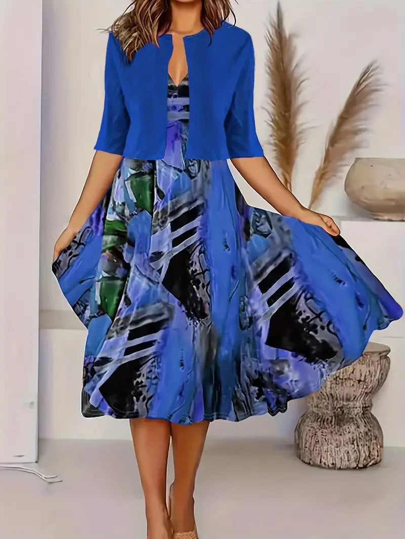 Two-piece long dress with floral and grass print, round neckline