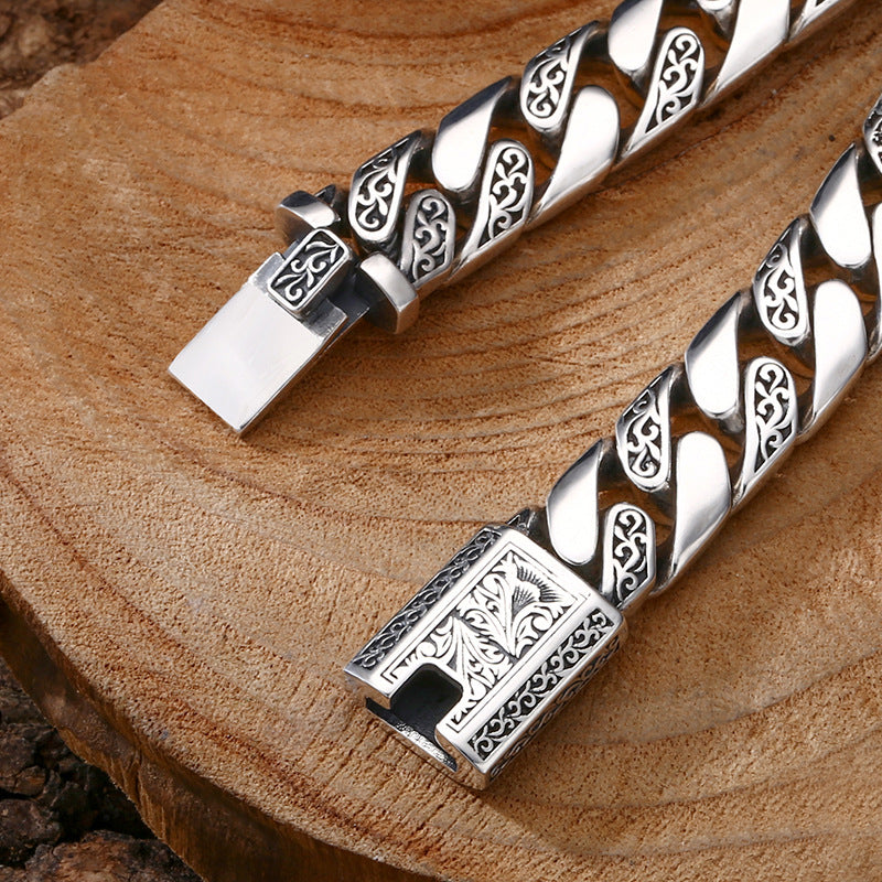 Silver Bracelet Pattern Cuban Link Thick Men's Thai Silver Vintage Oxidized Jewelry