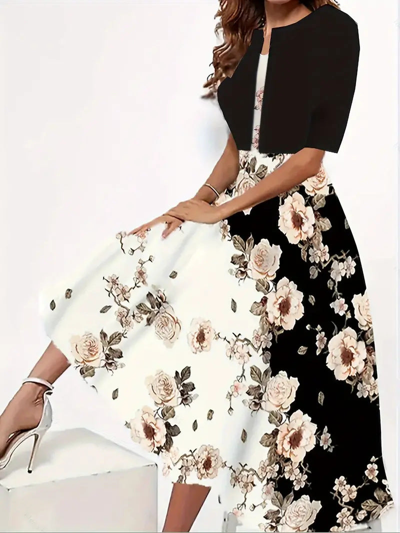 Two-piece long dress with floral and grass print, round neckline