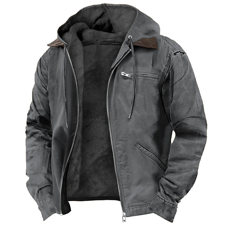 Casual Solid Color Hooded Cotton Jacket with Fleece Lining and Zipper Pockets for Men