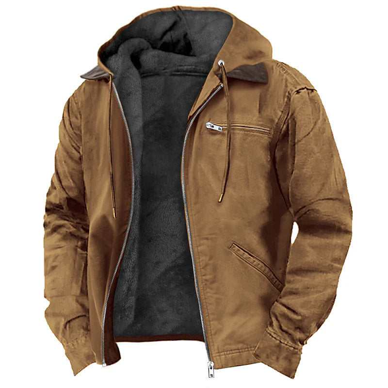 Casual Solid Color Hooded Cotton Jacket with Fleece Lining and Zipper Pockets for Men