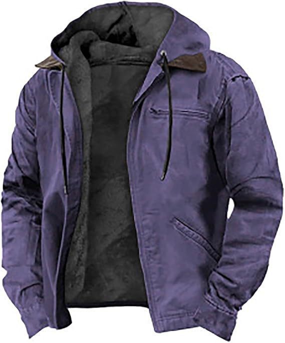 Casual Solid Color Hooded Cotton Jacket with Fleece Lining and Zipper Pockets for Men