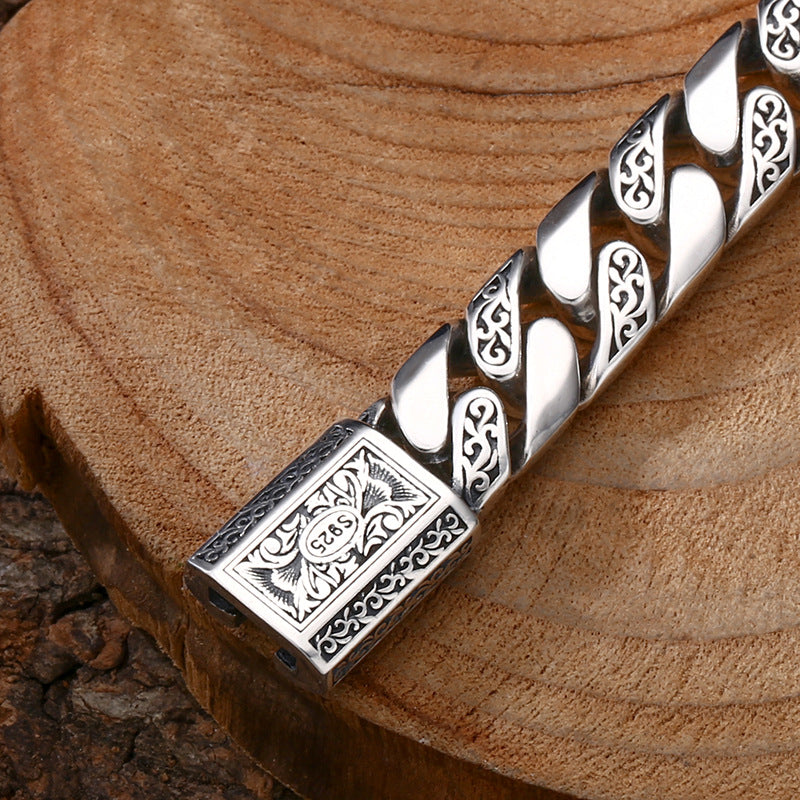Silver Bracelet Pattern Cuban Link Thick Men's Thai Silver Vintage Oxidized Jewelry